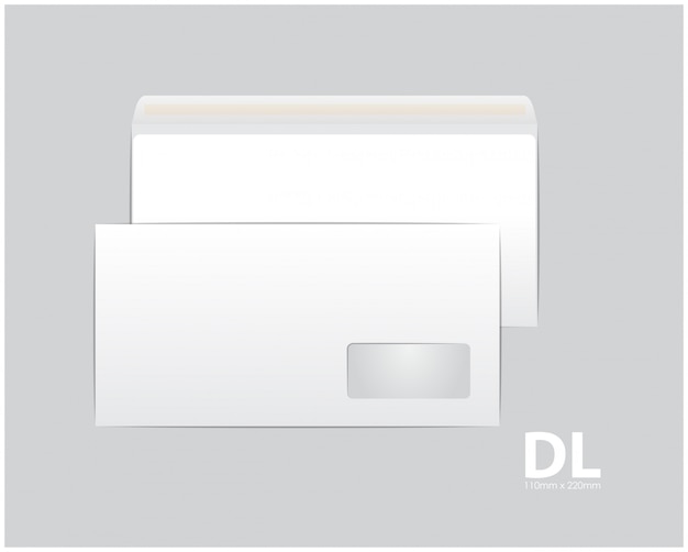 標準のホワイトペーパー封筒 オフィスの書類や手紙用 空のテンプレート 透明なウィンドウで白い空白のメールの封筒 サイズdl ユーロ プレミアムベクター