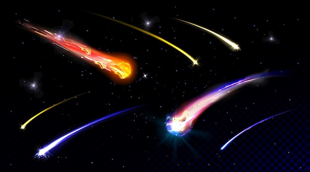 星空や深宇宙で星を撃つ彗星が銀河の壁に火の跡の隕石で落下し 透明な火の玉の隕石が宇宙の現実的なイラストで爆発する 無料のベクター