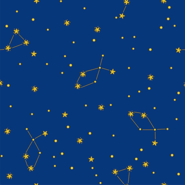 星や星座と星空の夜のシームレスなパターン 紙 布 洋服にプリントするカラフルなデザイン かわいい漫画スタイルのベクトルイラスト プレミアムベクター