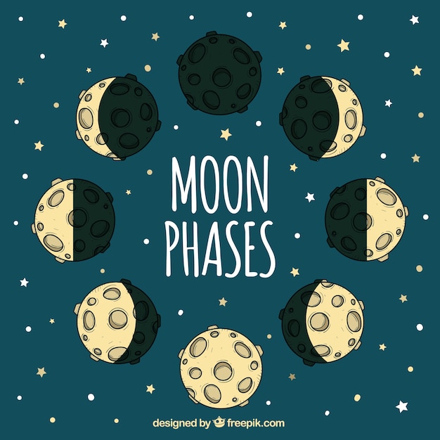 Stars background with hand drawn moon\
phases