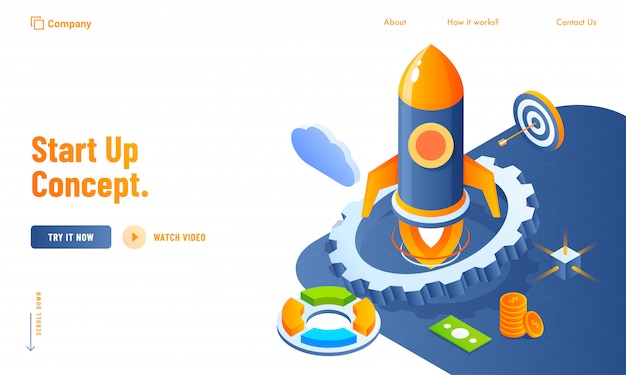 Start up concept website design with 3d business elements like as rocket, cogwheel, cloud and currency money Premium Vector
