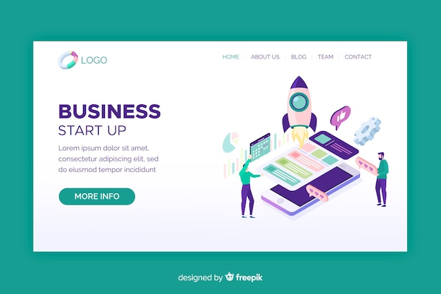 Start-up landing page with isometric phone screens Free Vector