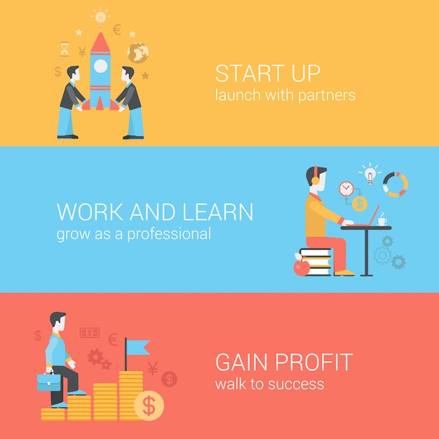 Premium Vector | Start up, work and learn, gain profit flat concepts ...