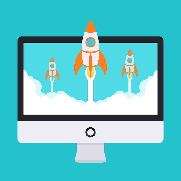 Startup illustration. rockets takes off from the monitor in clouds of white smoke Premium Vector