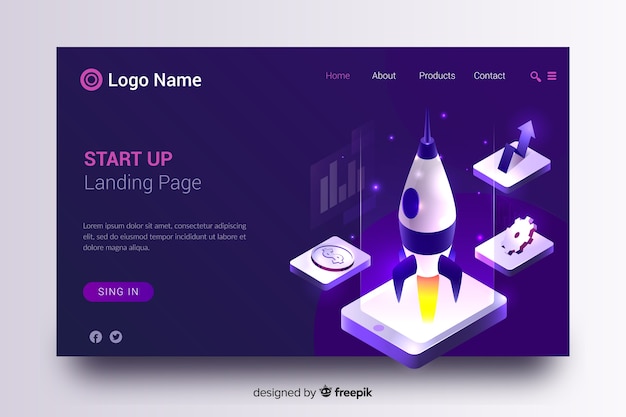 Startup landing page with rocket Free Vector
