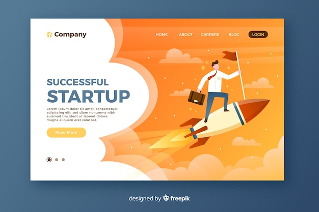 Startup landing page with rocket Free Vector
