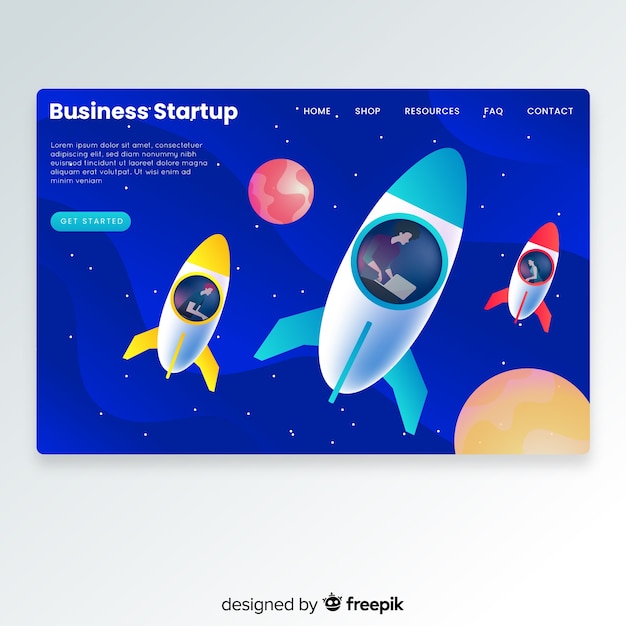 Startup landing page with a rocket Free Vector