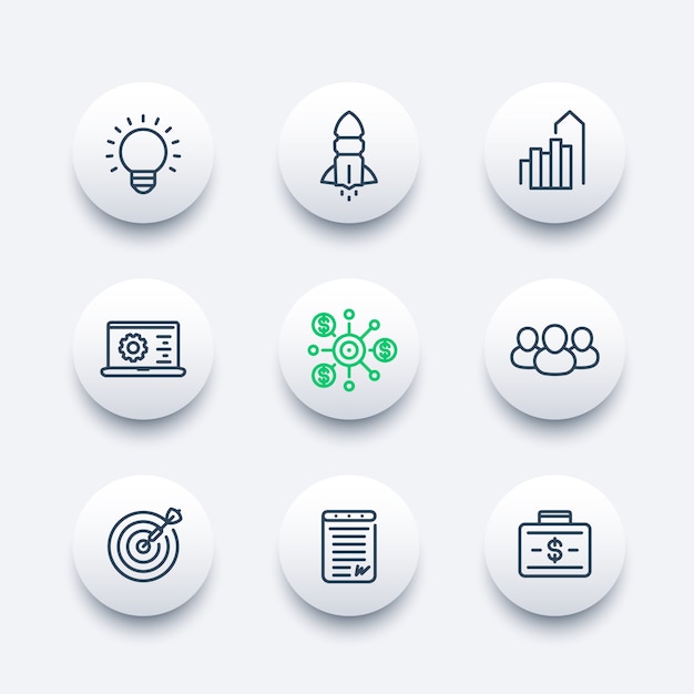 Startup line icons set, product launch, development, funding, initial capital, contract, target mark