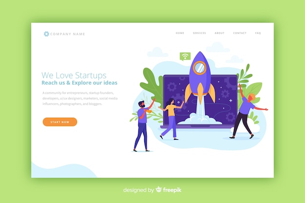 Startup modern landing page with a rocket Free Vector