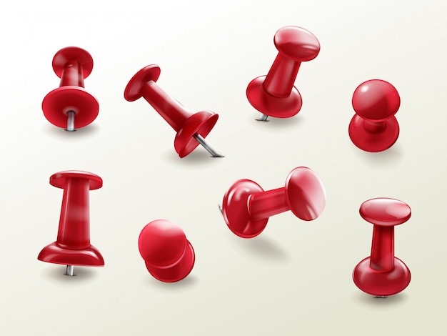 Free Vector | Stationery office thumbtack, realistic set of red glossy push pins for fixing on board remind
