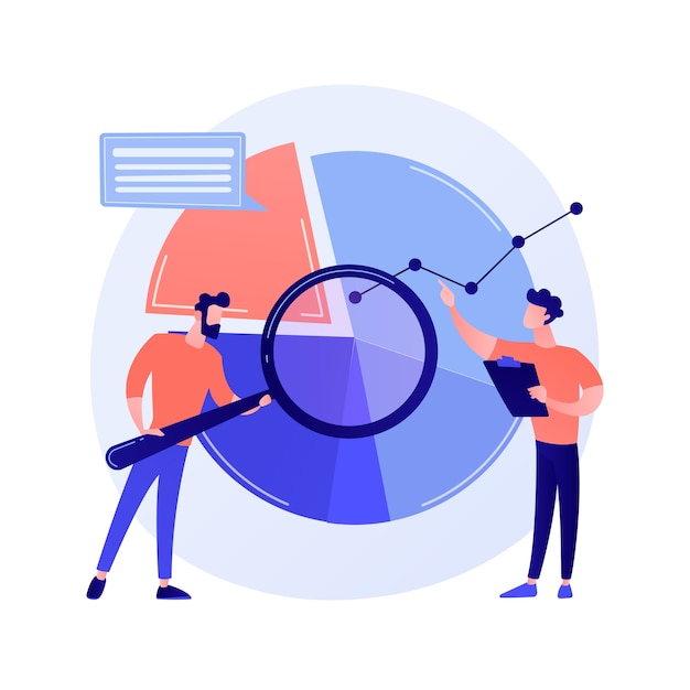 Statistical analysis. man cartoon character with magnifying glass analyzing data. circular diagram with colorful segments. statistics, audit, research concept illustration Free Vector