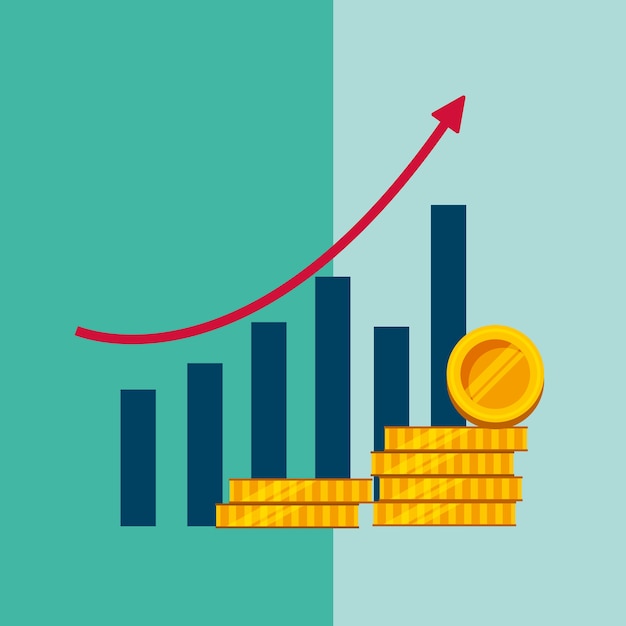 Premium Vector | Statistics bar graph growth arrow stack coins money