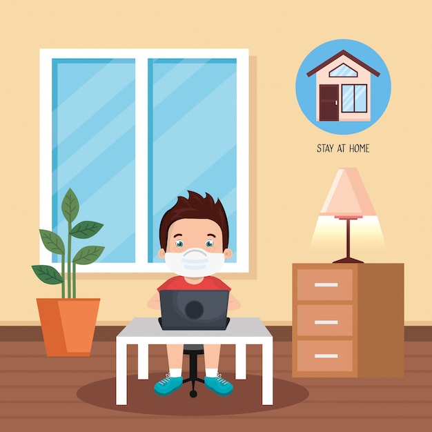 Stay At Home Campaign With Boy Studying Online Illustration Design