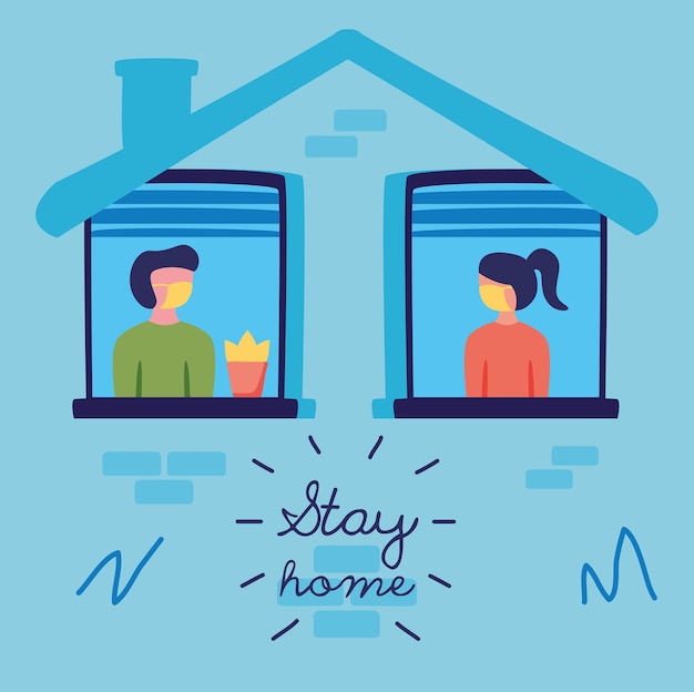 Premium Vector | Stay home campaign with people in windows of building ...