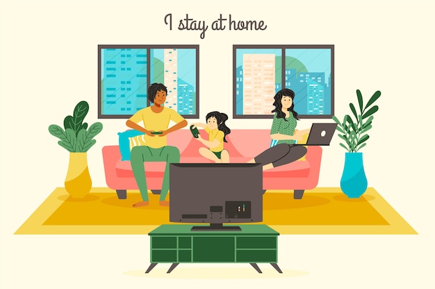 Stay at home  family concept Free Vector