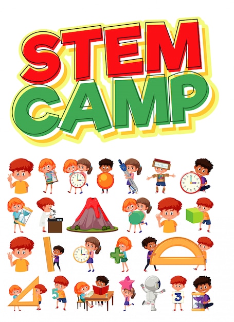 Premium Vector | Stem camp logo and set of children with education ...