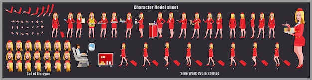 スチュワーデスキャラクターデザインモデルシート 歩行サイクルアニメーション 女の子キャラクターデザイン 正面 側面 背面 説明のアニメーションのポーズ さまざまなビューとリップシンクを備えた文字セット プレミアムベクター