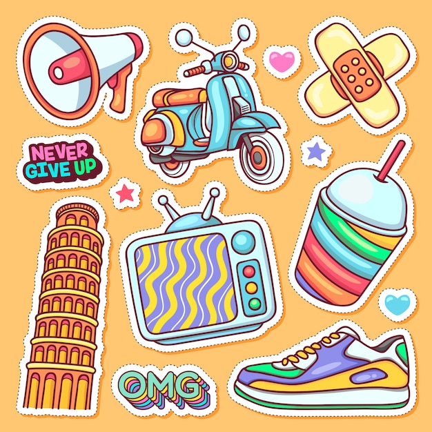 Sticker icons hand drawn doodle Free Vector