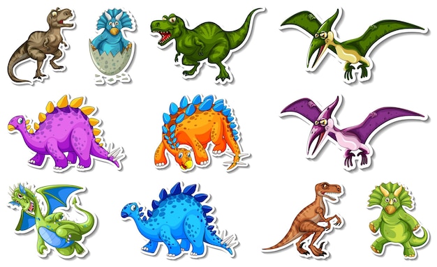 さまざまな種類の恐竜の漫画のキャラクターがセットされたステッカー 無料のベクター