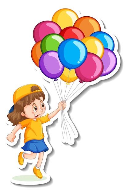 Free Vector Sticker Template With A Girl Holding Many Balloons Isolated