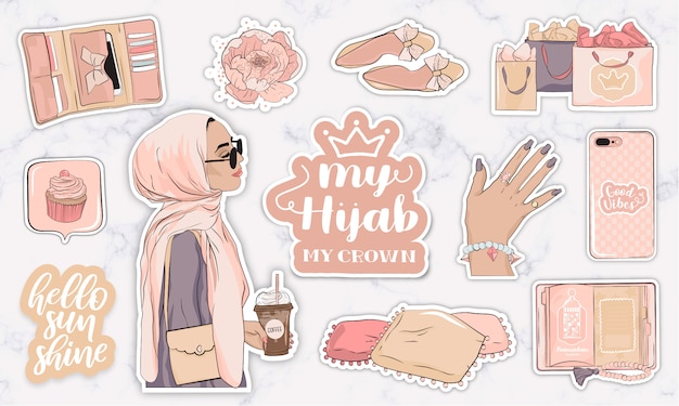 Stickers set with objects and a modern muslim young woman wearing a hijab Premium Vector