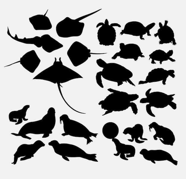 スティングレイカメとセイウチシール動物のシルエット プレミアムベクター
