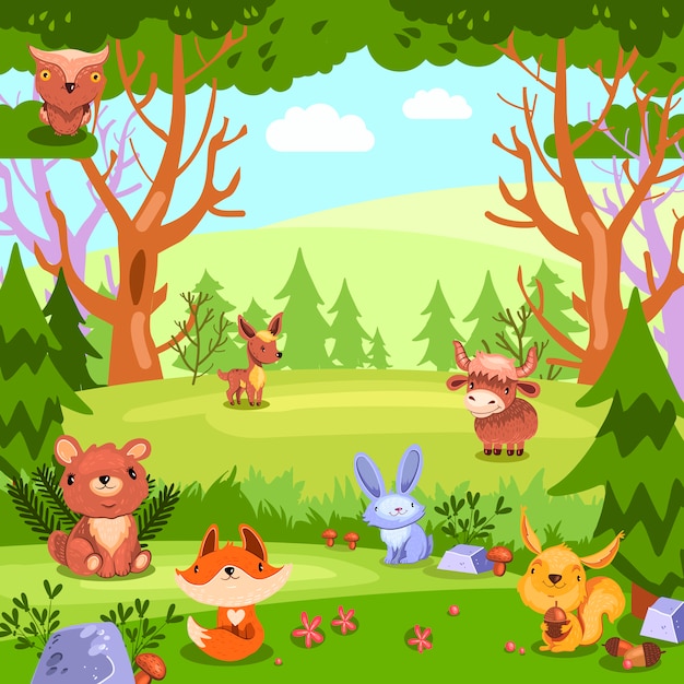 Premium Vector Stock Colorful Background With Forest Landscape And Wild Baby Animals