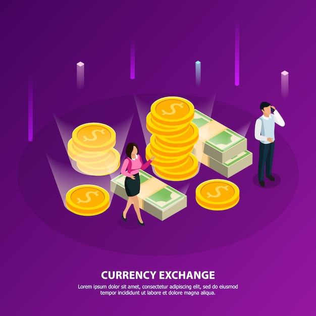 Free Vector - Stock exchange isometric banner with currency exchange headline and white collar make a money illustration