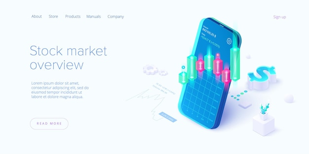  Stock exchange in isometric design. trading market or investment mobile app.