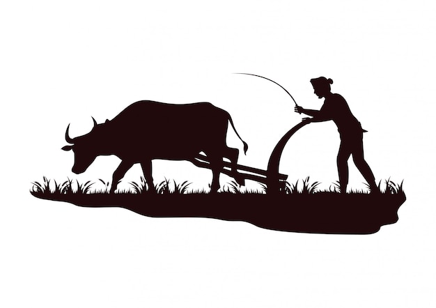 フィールドで牛を耕し株式ベクトルシルエット農家 プレミアムベクター