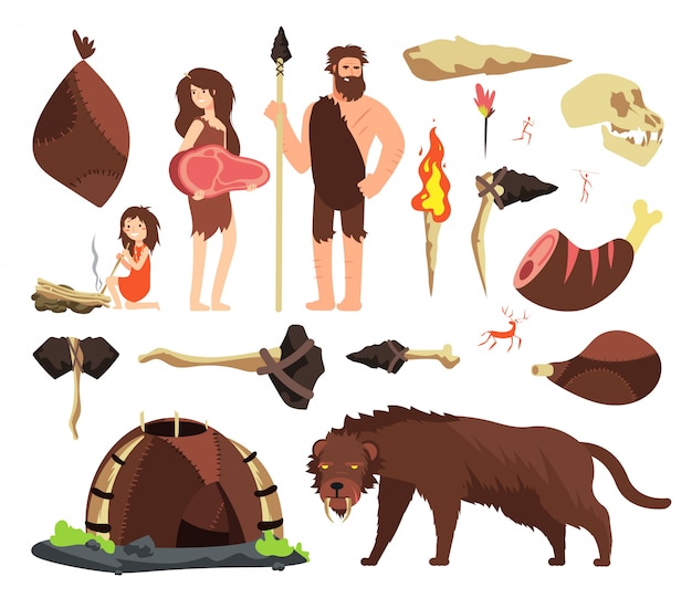 Premium Vector | Stone age caveman. hunting neolithic people, mammoth ...