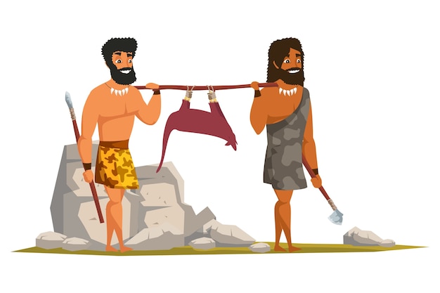動物のトロフィーフラットイラスト 先史時代の狩猟を運ぶ石器時代の人々 原始的な男性が肉の漫画のキャラクターを調理します 穴居人の食事を描きます 古代のキッチンツール 機器 プレミアムベクター