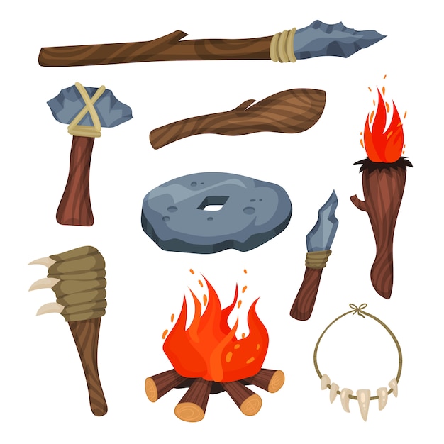 Premium Vector Stone age symbols set, weapon and tools of caveman