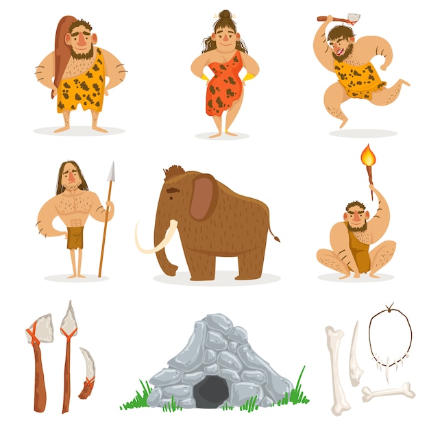 Premium Vector | Stone age tribe people and related objects