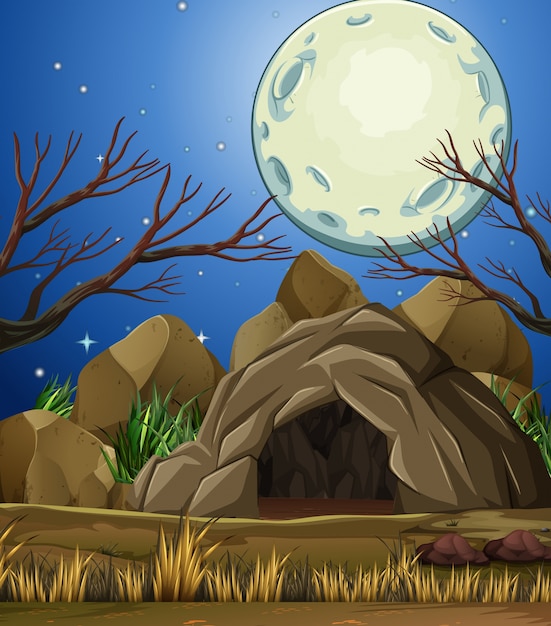 Premium Vector | Stone cave under then moon light