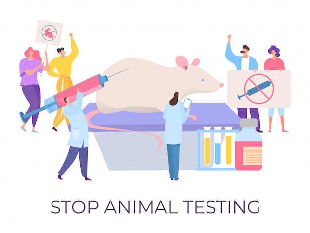 動物実験 残虐行為に対するデモ イラストを停止します 人々は群衆のキャラクターが毒性試験を停止するための標識を保持しています プレミアムベクター