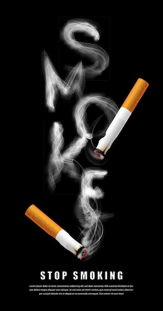 禁煙キャンペーンのイラスト黒の背景に健康タバコの煙の手紙のためのタバコはありません プレミアムベクター