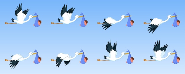  Storks with bay flying cycle animation sprite sheet Premium Vector