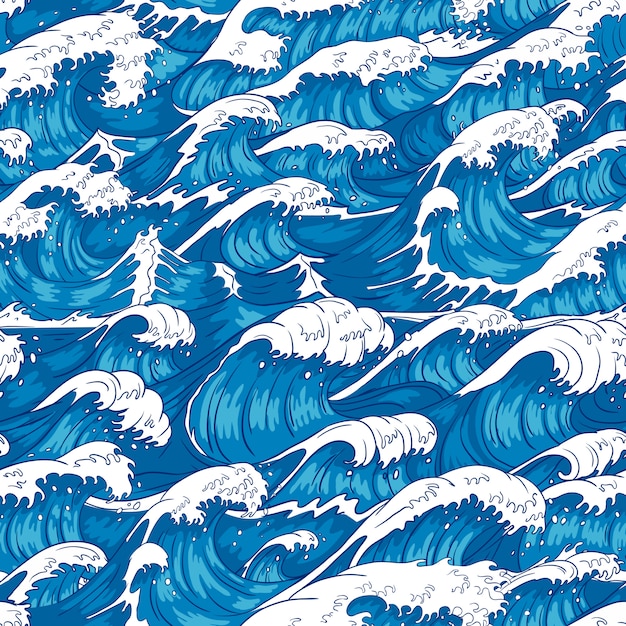嵐の波のシームレスなパターン 荒れ狂う海の水 海の波 ヴィンテージ日本の嵐印刷イラスト背景 プレミアムベクター
