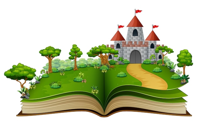 Premium Vector | Story book with a castle in the green park