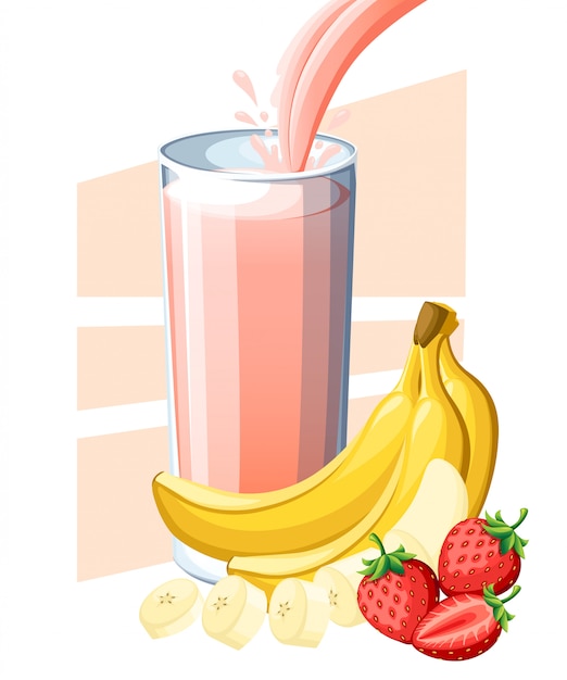 いちごバナナジュース ガラスのフレッシュフルーツとベリージュース ジュースの流れと完全なガラスのスプラッシュ 白い背景のイラスト Webサイトページとモバイルアプリ プレミアムベクター