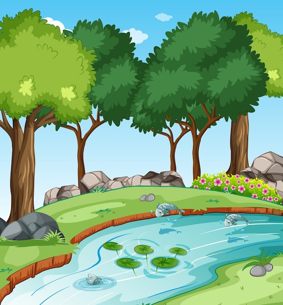 Premium Vector | Stream in the forest scene with some fishes