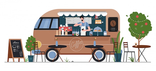 Premium Vector Street Coffee Food Truck Shop Illustration Cartoon Flat Fastfood Cafe Delivery Car Van Machine With Man Hipster Seller Character Coffee Service In Summer City Street Market Isolated On White