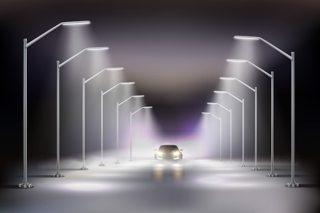 夜の街灯イラストの光の中で車で霧の組成で現実的な街灯 無料のベクター