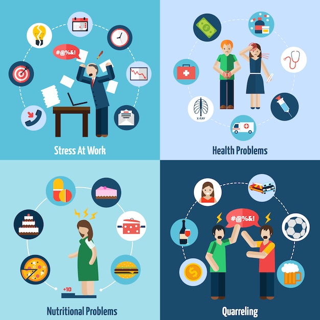 Stress depression 4 flat icons square Free Vector