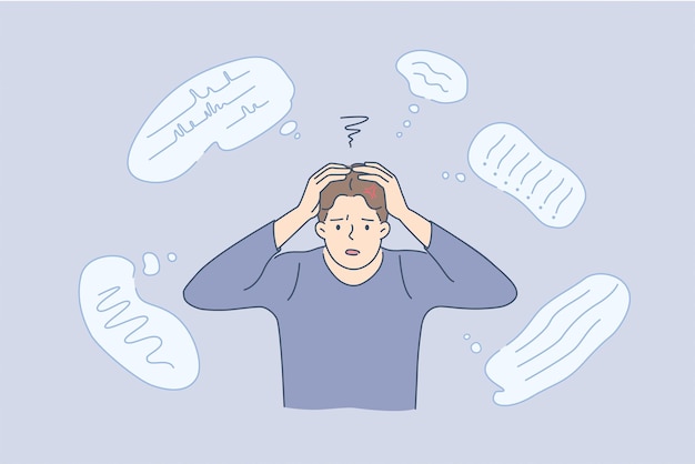 Premium Vector Stress Exhaustion Fullness Of Thoughts Concept Young Stressed Man Cartoon Character Touching Head Feeling Thinking Having Variety Of Thoughts Vector Illustration