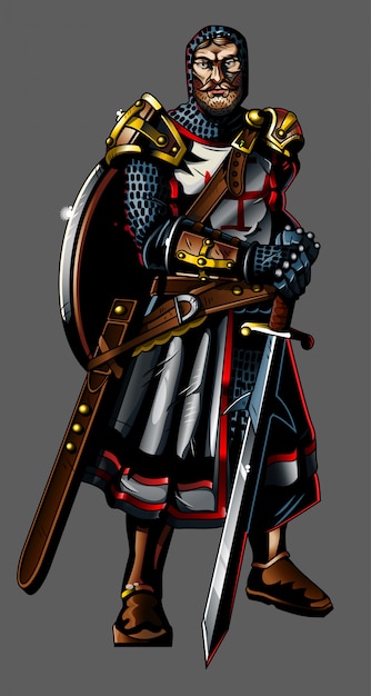 ひげと大きな盾を持つ強力な中世の騎士十字軍テンプル騎士は大きな鋭い剣を保ちます 大きなマントが付いた金属製の鎧 モダンなスタイルの漫画キャライラストフラットゲームデザインアイコンマスコット プレミアムベクター