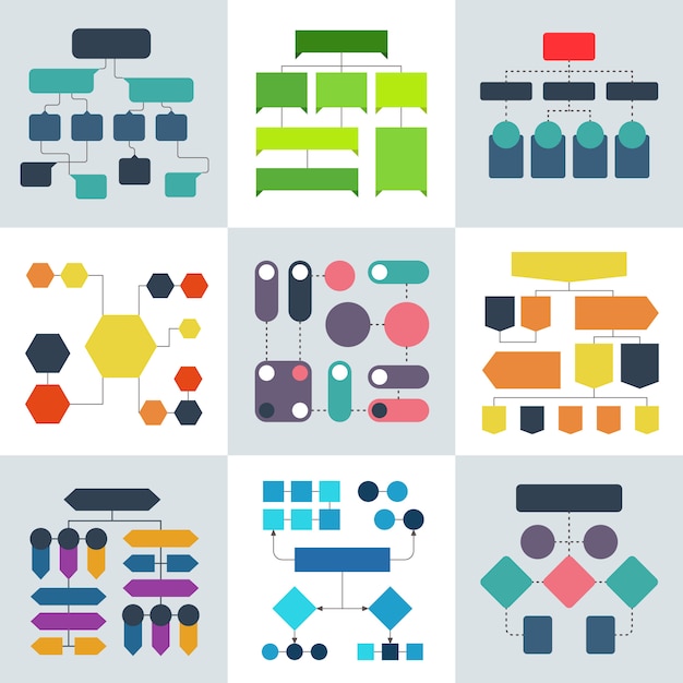 Structural flow diagrams, flowcharts and flowing process structures, infographics elements Premium Vector