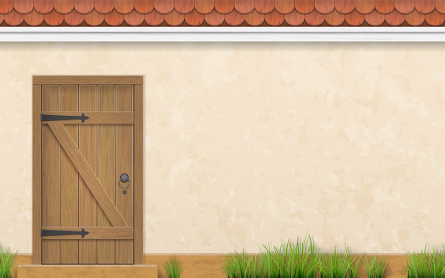 Stucco Wall Of A House With An Old Wooden Door Premium Vector