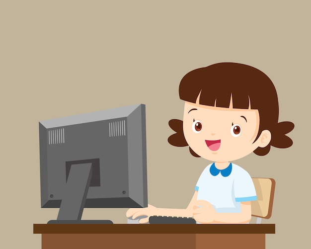 Student girl working with computer Premium Vector